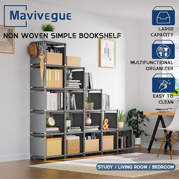 Mavivegue Book Shelf, 16 Cube Storage Organizer, DIY Bookcase, Metal Cube Bookshelf,Tall Book case for Bedroom, Living Room,Office,Closet Storage Organizer, Grey Cubicle Storage Rack - LeafyLoom