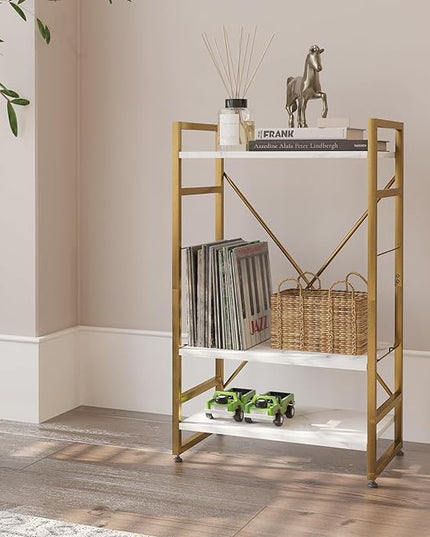 Bookshelf Organizer,3 Tiers Adjustable White Faux Marble Small Bookcase for Small Space,Industrial Wooden Storage Bookcase Display Rack and Storage Organizer for Living Room Home Office(Glod - LeafyLoom