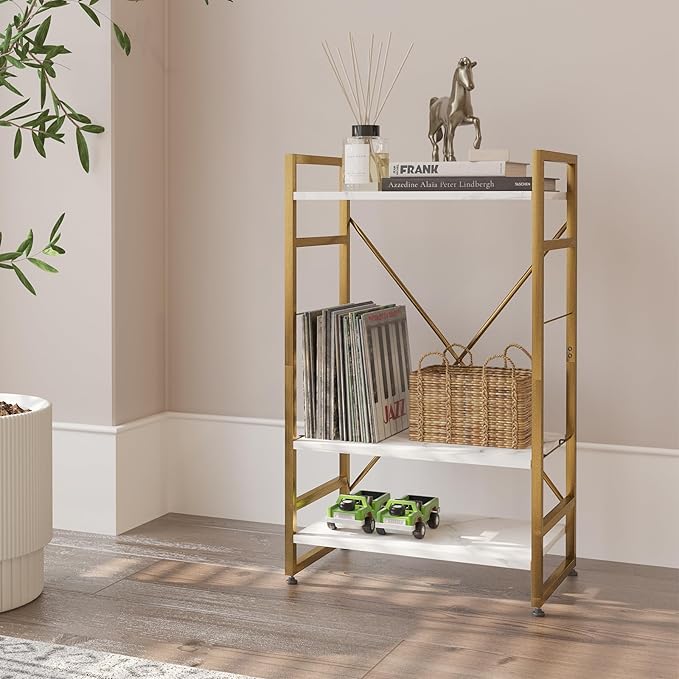 Bookshelf Organizer,3 Tiers Adjustable White Faux Marble Small Bookcase for Small Space,Industrial Wooden Storage Bookcase Display Rack and Storage Organizer for Living Room Home Office(Glod - LeafyLoom