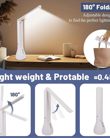 2-in-1 LED Desk Lamp Base with Flashlight for Home Office, Rechargeable, 3 Lighting Modes, Foldable & Portable Light, Cordless Table Bedside lamps, White - LeafyLoom