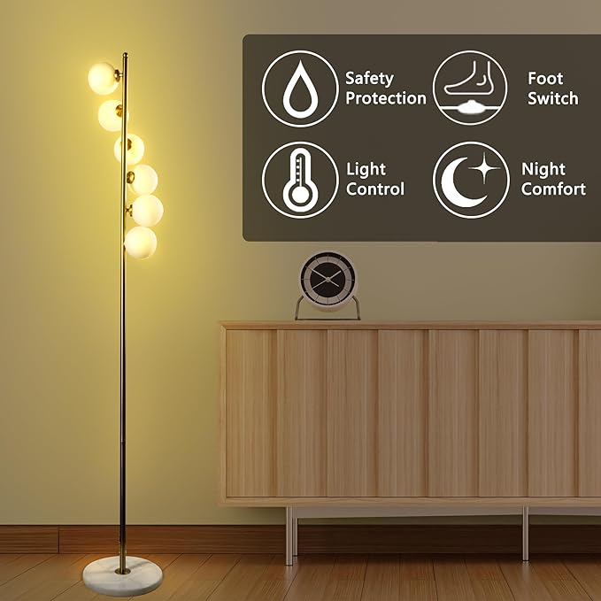 6 Globe Floor Lamp, Using Medieval Modern Floor Lamps, Including Frosted Glass lampshades and Modern Gold Floor Lamps with Light Bulbs, Living Room, Bedroom, and Office Decorations - LeafyLoom