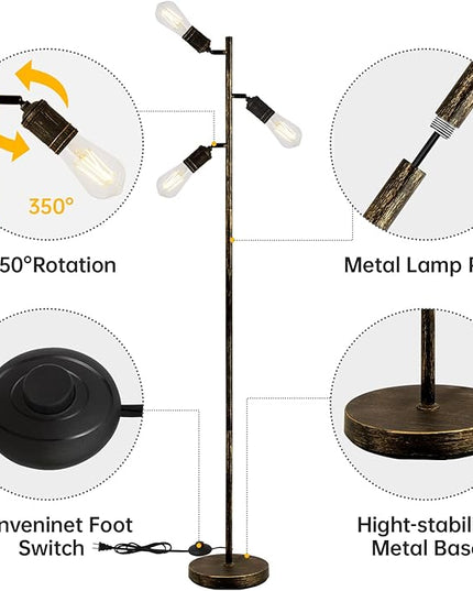 Industrial Floor Lamp, Standing Lamp, Bronze Finish Tree Floor Lamp with 3 Adjustable Rotating Lights, E26 Edison Bulb Floor Lamp for Living Room, Bedroom, Home, Office(Bulb not Included) - LeafyLoom