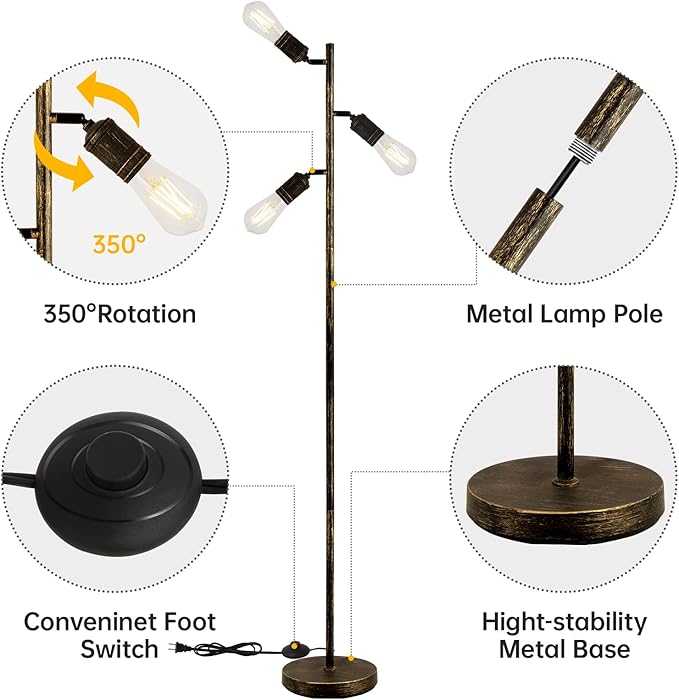 Industrial Floor Lamp, Standing Lamp, Bronze Finish Tree Floor Lamp with 3 Adjustable Rotating Lights, E26 Edison Bulb Floor Lamp for Living Room, Bedroom, Home, Office(Bulb not Included) - LeafyLoom