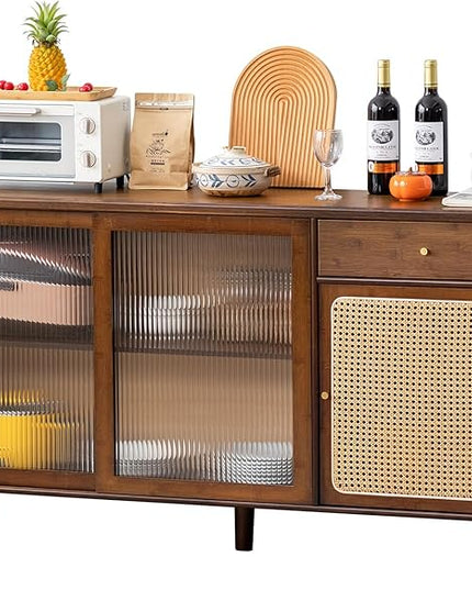 Tiita Bamboo Sideboard Buffet Cabinet, Rattan Kitchen Storage Cabinet with Drawer, Boho Coffee Bar Tables for Kitchen Living Room Hallway Office, Walnut - LeafyLoom