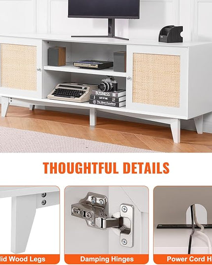 VEVOR Rattan TV Stand for 75in TV, Boho TV Stand with Rattan Door, Entertainment Center with Build-in Socket, Storage Cabinet with 2 Shelves, Modern TV Console for Living Room, Media Room, White - LeafyLoom