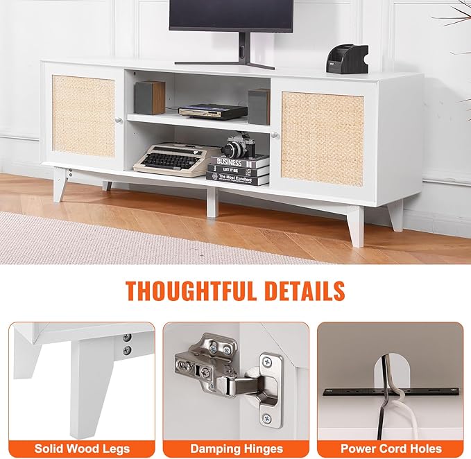 VEVOR Rattan TV Stand for 75in TV, Boho TV Stand with Rattan Door, Entertainment Center with Build-in Socket, Storage Cabinet with 2 Shelves, Modern TV Console for Living Room, Media Room, White - LeafyLoom
