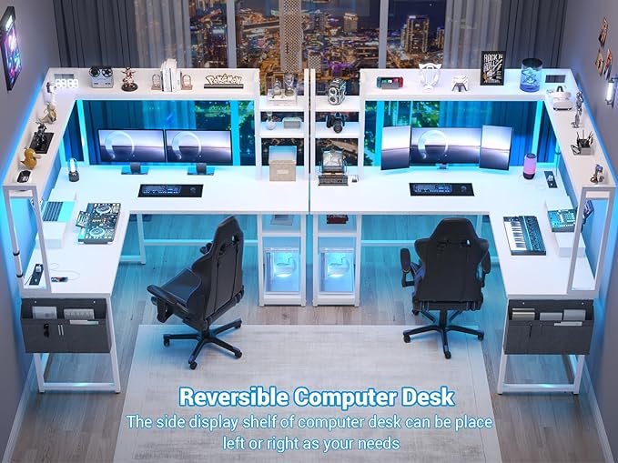 Aheaplus L Shaped Desk with Power Outlet, L Shaped Gaming Desk with Led Light & Hutch, Reversible Home Office Desk, Corner Computer Desk Writing Desk with Monitor Stand & Storage Shelves, White - LeafyLoom