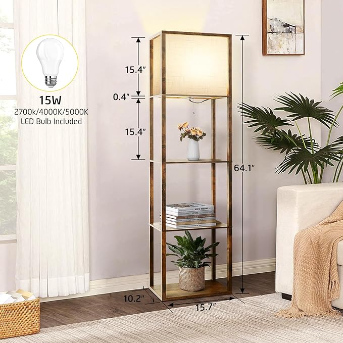 Floor Lamp with Shelves Plus, 4-Tier Modern 2700 4000K 5000K Brown Shelf Floor Lamp, Display Lamp for Living Room Bedroom Office 15W LED Bulb. - LeafyLoom