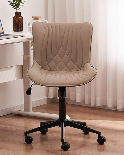 YOUTASTE Office Chair Armless Desk Chair Small Computer Swivel Rolling Chair with Wheels, Modern Upholstered PU Leather Task Chair, Adjustable Home Office Desk Chairs for Computer, Khaki - LeafyLoom