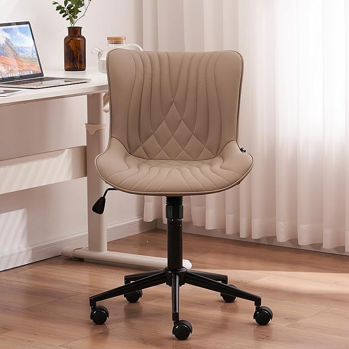 YOUTASTE Office Chair Armless Desk Chair Small Computer Swivel Rolling Chair with Wheels, Modern Upholstered PU Leather Task Chair, Adjustable Home Office Desk Chairs for Computer, Khaki - LeafyLoom