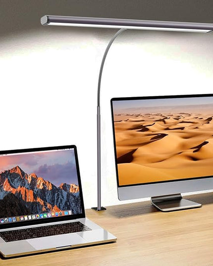 LED Desk Lamp for Home Office, Eye-Caring Computer Desk Light Bar with Adjustable Gooseneck, 12W Desk Lamp with Clamp, Remote Control, 30 Lighting Modes, Ideal for Reading, Studying - LeafyLoom
