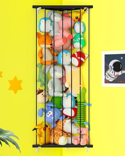 Stuffed Animal Storage Toy Organizer: Corner Stuff Animals Holder for Wall with Adjustable Length - Kids Plush Toys Storage for Nursery Playroom Bedroom Kids Room(Black) - LeafyLoom