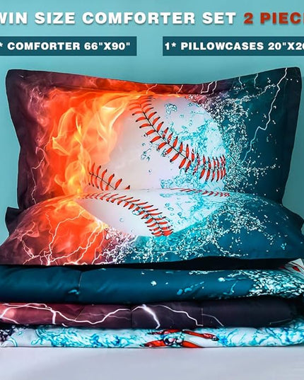 Andency 3D Baseball Comforter Twin(66x90 Inch), 2 Pieces(1 Baseball Comforter, 1 Pillowcase) Sport Microfiber Baseball Comforter Bedding Set for Boy Kids - LeafyLoom