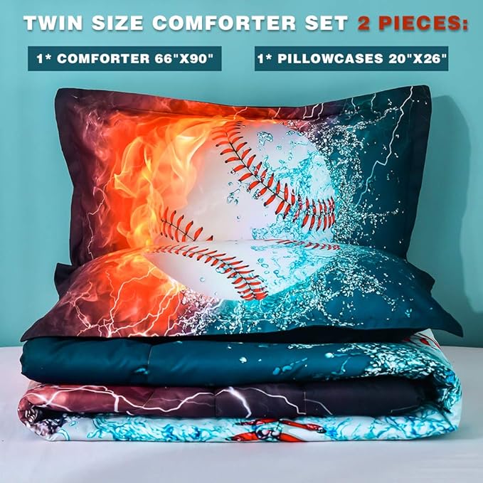 Andency 3D Baseball Comforter Twin(66x90 Inch), 2 Pieces(1 Baseball Comforter, 1 Pillowcase) Sport Microfiber Baseball Comforter Bedding Set for Boy Kids - LeafyLoom