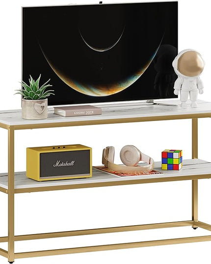 Function Home TV Stand for TVs up to 50 Inch, 3 Tier Entertainment Center, Modern TV Cabinet with Marble Top and Gold Metal Base, 42" Media Console Table with Storage for Living Room Bedroom - LeafyLoom