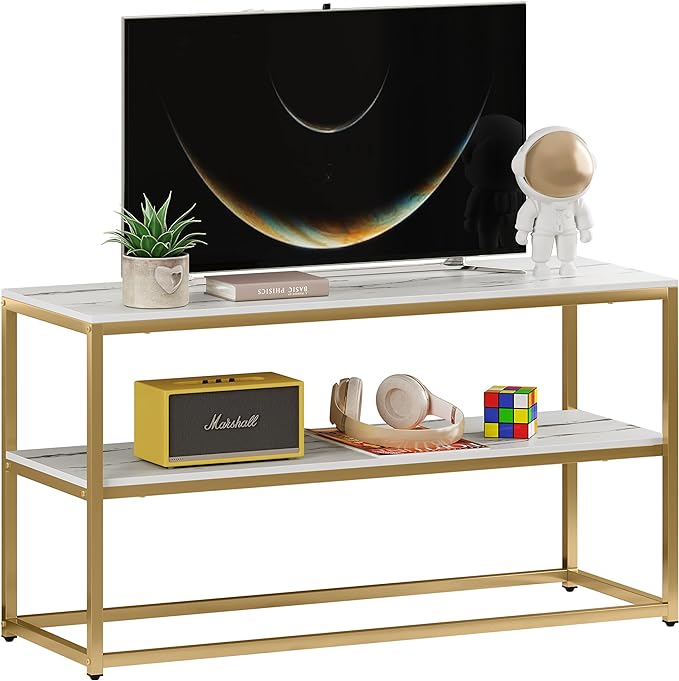 Function Home TV Stand for TVs up to 50 Inch, 3 Tier Entertainment Center, Modern TV Cabinet with Marble Top and Gold Metal Base, 42" Media Console Table with Storage for Living Room Bedroom - LeafyLoom
