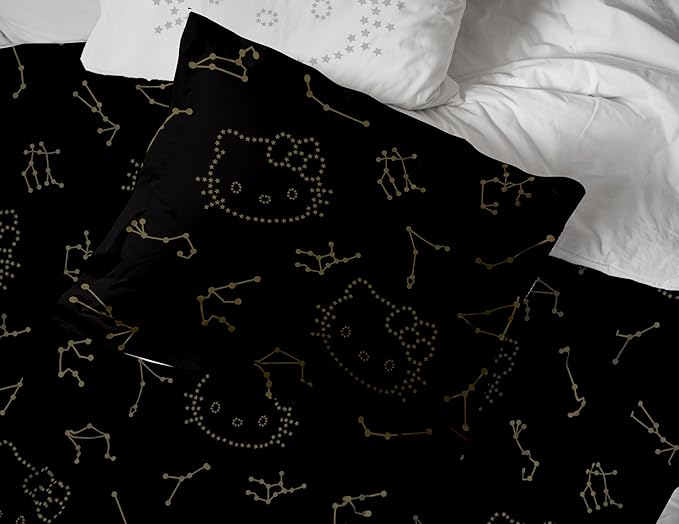 Jay Franco Hello Kitty Stars Twin Comforter Set - 5 Piece Bedding includes Sheet Set & Pillow Covers - Super Soft Zodiac Black & Gold Bedding - LeafyLoom