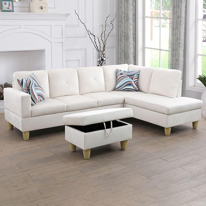 L-Shaped Sectional Couches with 66.5'' Chaise Lounge & Storage Ottoman Modular Room Sofas for Home Office Apartment, Large Living Furniture, 97'' Right Hand Facing, White Flannel - LeafyLoom