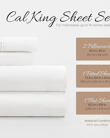 Linen Market Bed Sheets for California King Size Bed (White) - Sleep Better Than Ever With These Soft and Cooling California King Sheets - Deep Pocket Fits 16" Thick Beds - 4 Piece Cal King Sheet Set - LeafyLoom
