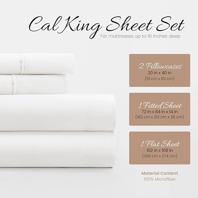 Linen Market Bed Sheets for California King Size Bed (White) - Sleep Better Than Ever With These Soft and Cooling California King Sheets - Deep Pocket Fits 16" Thick Beds - 4 Piece Cal King Sheet Set - LeafyLoom
