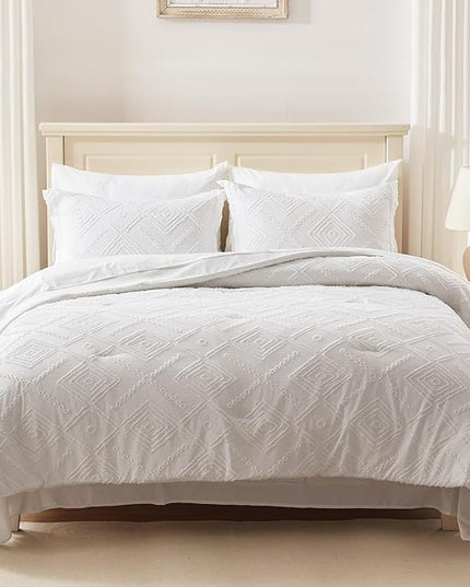 EMME King Comforter Set - 7 Pcs White Boho Comforter Set, Tufted King Size Bedding Sets with Sheets, Shabby Chic Embroidery Bed Set Fluffy Bed Bag for All Season(102"X90") - LeafyLoom