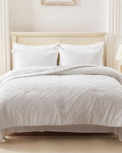 EMME Queen Comforter Set - 7 Pcs White Boho Bedding Sets, Full Size Tufted Comforter with Sheets, Shabby Chic Embroidery Bed Set Fluffy Bed Bag for All Season(90"X90") - LeafyLoom