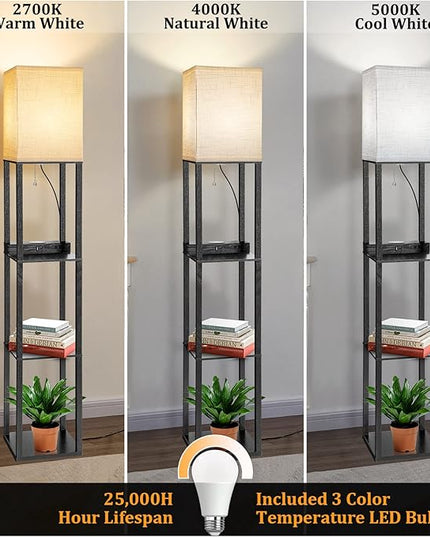 Dott Arts Floor Lamp with Shelves, Shelf Lamp with Wireless Charger & USB A+C Ports & 2 AC Outlets,3 Color Temperature Corner Tall Standing Floor Lamps for Living Room, Bedroom, Office (Black) - LeafyLoom