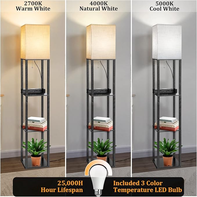Dott Arts Floor Lamp with Shelves, Shelf Lamp with Wireless Charger & USB A+C Ports & 2 AC Outlets,3 Color Temperature Corner Tall Standing Floor Lamps for Living Room, Bedroom, Office (Black) - LeafyLoom