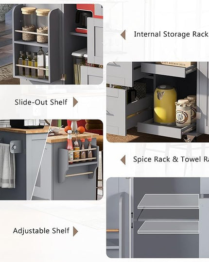 Kitchen Island with Storage, Spice Rack & Tower Rack, Mobile Rolling Kitchen-Cart on Wheels w/Rubber Wood Top, 3 Drawer, 2 Slide-Out Shelf and Internal Storage Rack - LeafyLoom