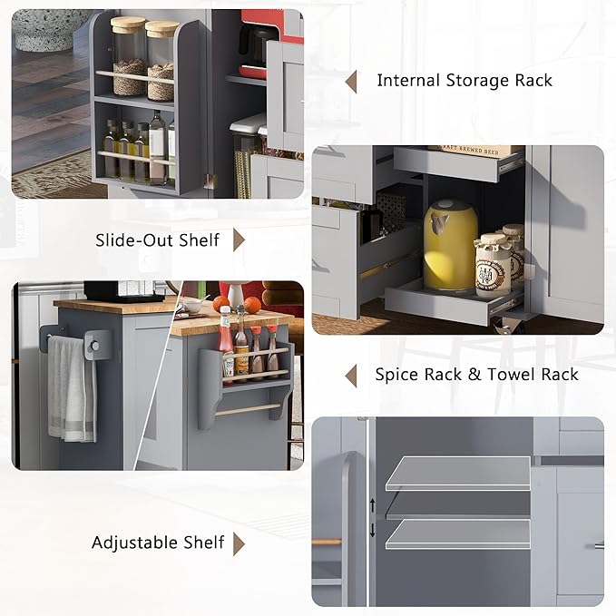 Kitchen Island with Storage, Spice Rack & Tower Rack, Mobile Rolling Kitchen-Cart on Wheels w/Rubber Wood Top, 3 Drawer, 2 Slide-Out Shelf and Internal Storage Rack - LeafyLoom