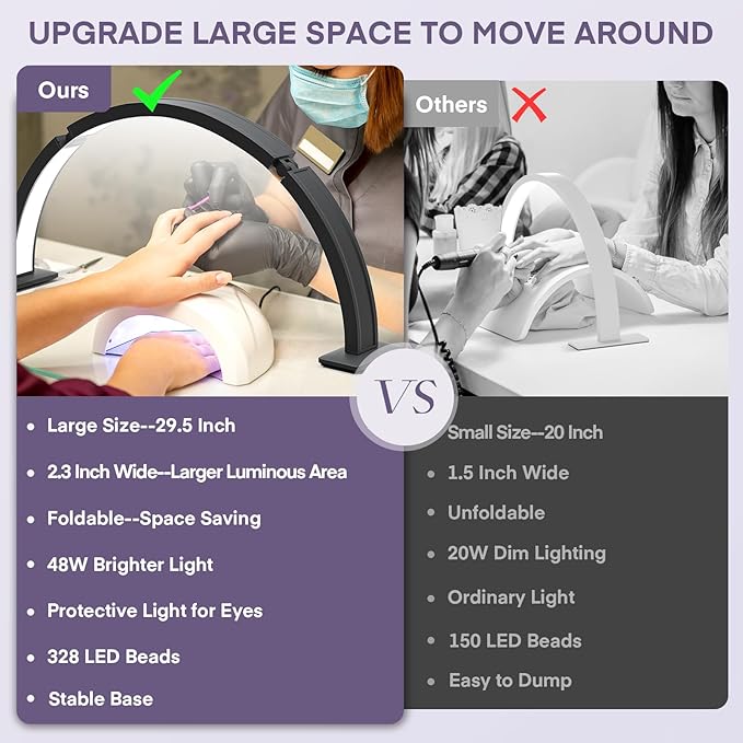 MYSWEETY Foldable Half Moon Nail Desk Lamp, 29.5'' 48W Lash Light Led Nail Tech Lamp for Desk, Tattoo Light Table Lamp for Estheticians, Lash Eyelash Extension, Eyebrows, Facial, Beauty - LeafyLoom