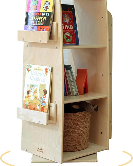 360 Degrees Rotating Bookcase Storage Organizer Wooden Display Bookshelf 3 Tier Floor Standing Bookshelves Open Design Storage Rack for Kids Children's Natural - LeafyLoom