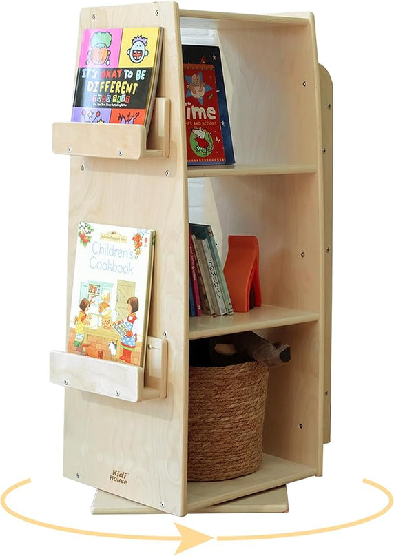 360 Degrees Rotating Bookcase Storage Organizer Wooden Display Bookshelf 3 Tier Floor Standing Bookshelves Open Design Storage Rack for Kids Children's Natural - LeafyLoom
