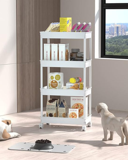 Sooyee 4 Tier Wide Storage Cart Mobile Shelving Unit Organizer Slide Out Storage Rolling Utility Cart Tower Rack for Kitchen Bathroom Laundry, Plastic & Stainless Steel,White - LeafyLoom