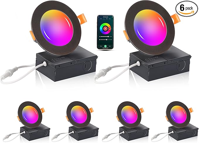 [6 Pack] CLOUDY BAY 4inch Smart WiFi LED Recessed Lights,RGB Color Changing Recessed Lighting,Compatible with Alexa and Google Home Assistant,10W 2700K-6500K,CRI90+ Wet Location,Oil Rubbed Bronze CLOUDYBAY