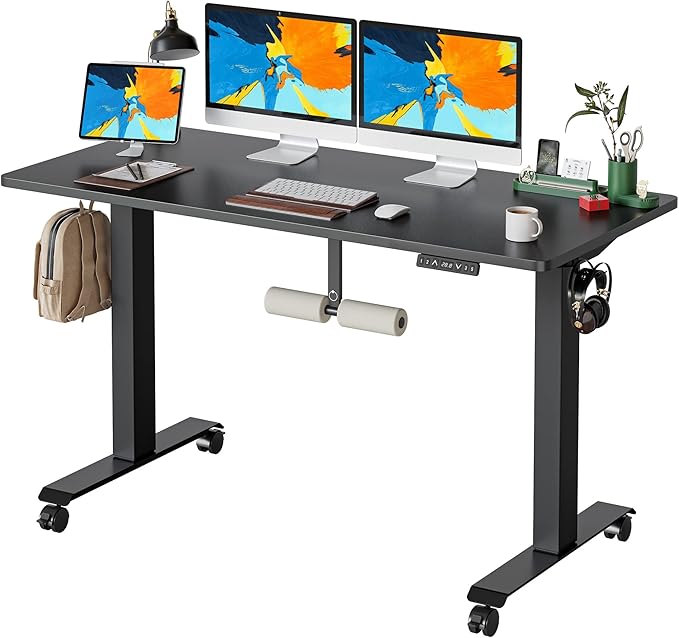 FAMISKY 55 Inch Height Adjustable Standing Desk with Foot Rest, Sit Stand Home Office Desk with Hooks, Ergonomic Workstation Black Steel Frame/Black Wood Top - LeafyLoom