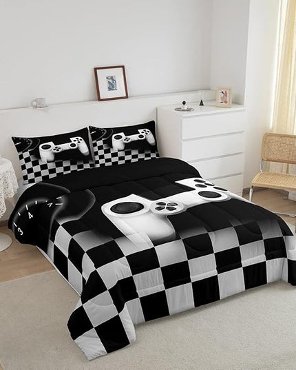 Erosebridal Gamer Comforter Set King,Gaming Bedding Set for Kids Teens,Black and Grey Buffalo Plaid Reversible Duvet Insert,Novelty Gamepad Pattern Down Comforter with 2 Pillow Shams Lightweight - LeafyLoom