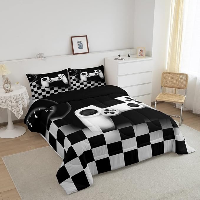 Erosebridal Gamer Comforter Set King,Gaming Bedding Set for Kids Teens,Black and Grey Buffalo Plaid Reversible Duvet Insert,Novelty Gamepad Pattern Down Comforter with 2 Pillow Shams Lightweight - LeafyLoom