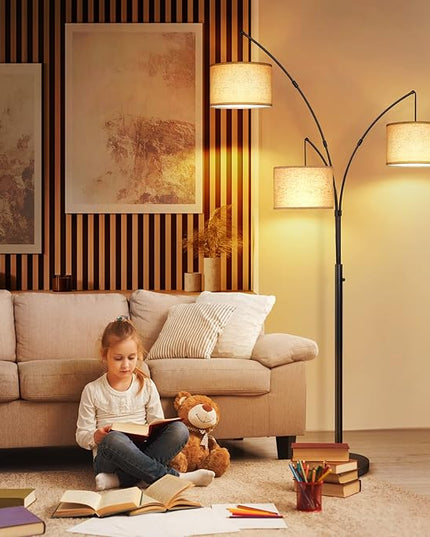 OUTON Arc Led Floor Lamp, Modern Black 3 Light Arched Tall Floor Lamp for Bedroom, 2400lm Mid Century Adjustable Standing Corner Lamps for Living Room Office, 3 LED Bulbs Included, Beige Lampshade - LeafyLoom