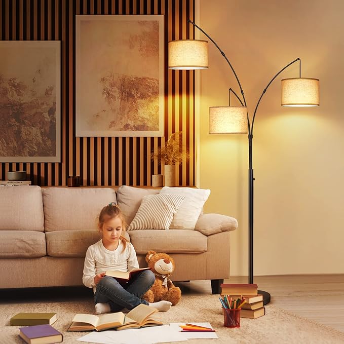 OUTON Arc Led Floor Lamp, Modern Black 3 Light Arched Tall Floor Lamp for Bedroom, 2400lm Mid Century Adjustable Standing Corner Lamps for Living Room Office, 3 LED Bulbs Included, Beige Lampshade - LeafyLoom