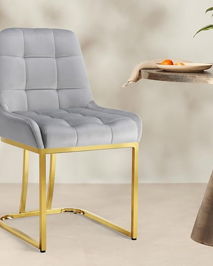 STARY Upholstered Velvet Armless Dining Room Chairs with Gold Metal Legs for Kitchen Restaurant, Gray- Set of 2 - LeafyLoom