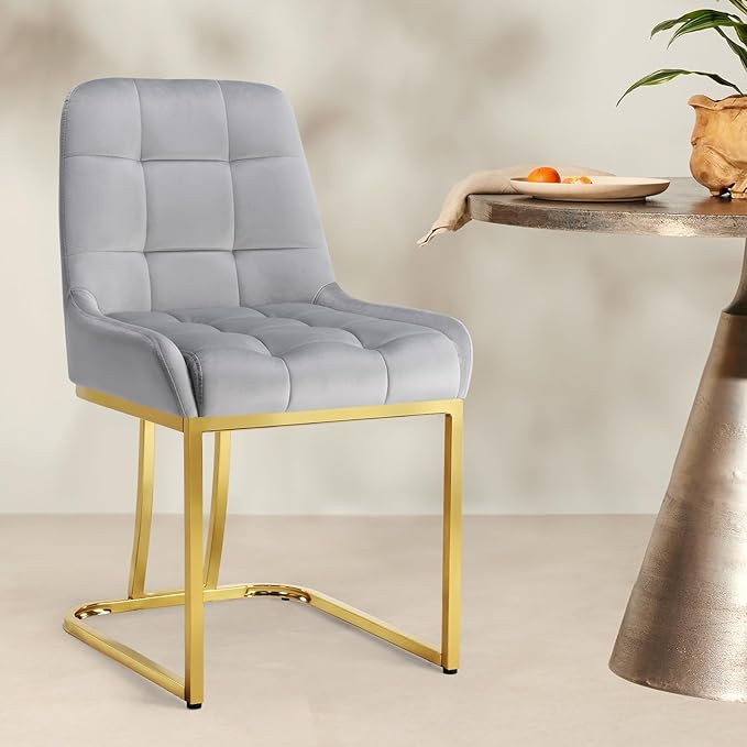 STARY Upholstered Velvet Armless Dining Room Chairs with Gold Metal Legs for Kitchen Restaurant, Gray- Set of 2 - LeafyLoom