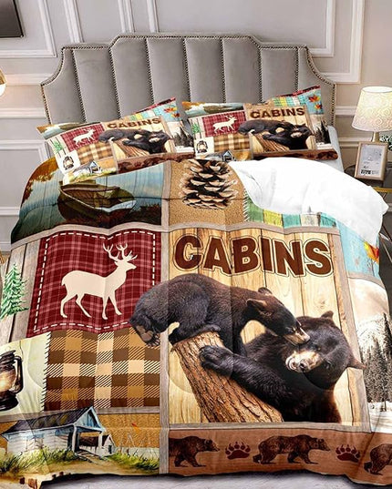LUVIVIHOME 2PCS Rustic Cabin Comforter Set Twin Size, Bear Bedding Sets, Elk Deer Forest Woodland Animals Wildlife Hunting Country Farmhouse Red Buffalo Plaid Lodge Patchwork Quilt, 1 Pillow Sham - LeafyLoom