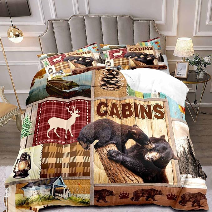 LUVIVIHOME 3PCS Rustic Lodge Comforter Set King Size, Bear Bedding Sets, Elk Deer Forest Woodland Animals Wildlife Hunting Country Farmhouse Red Buffalo Plaid Cabin Patchwork Quilt, 2 Pillow Shams - LeafyLoom