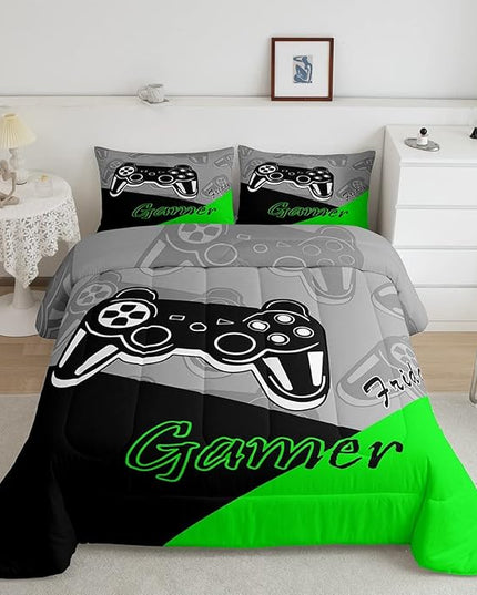 Feelyou Gamer Comforter Set Gaming Bedding Set for Teens Boys Video Game Decor Comforter Game Controller Quilted Duvet Set 1 Comforter with 2 Pillowcases Queen Green - LeafyLoom