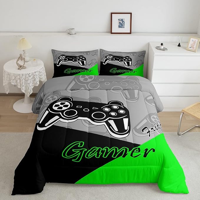 Feelyou Gamer Comforter Set Gaming Bedding Set for Teens Boys Video Game Decor Comforter Game Controller Quilted Duvet Set 1 Comforter with 2 Pillowcases Queen Green - LeafyLoom