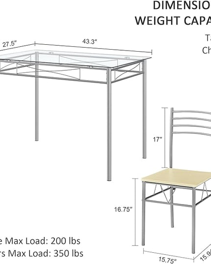 VECELO 5 Piece Dining Table Set for 4 with Chairs, Glass Tabletop, Small Space, Silver - LeafyLoom
