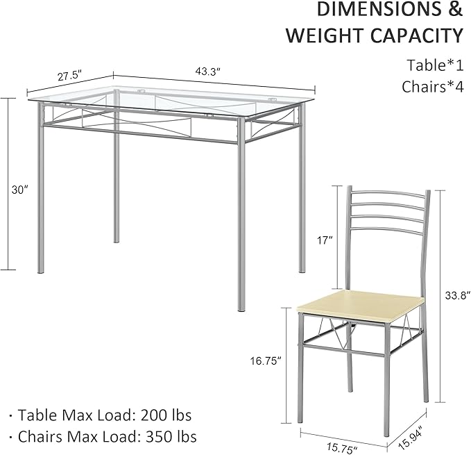 VECELO 5 Piece Dining Table Set for 4 with Chairs, Glass Tabletop, Small Space, Silver - LeafyLoom