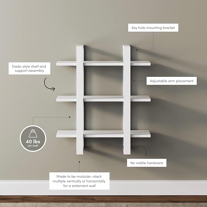 Nathan James Benji Floating Wall Book Shelves, 3-Tier Display Shelf, Decorative Modular Shelf in Solid White Wood for Bedroom, Nursery, Bathroom or Kitchen - LeafyLoom
