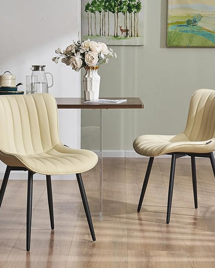 YOUNUOKE Beige Dining Chairs Set of 2 Upholstered Mid Century Kitchen Chairs Armless Faux Leather Modern Side Chair with Padded Backs Metal Legs for Living Room Bedrooms - LeafyLoom